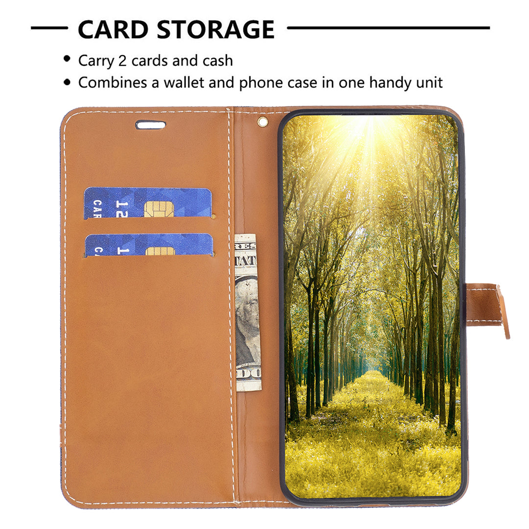 Uniqkart for iPhone 15 Jeans Cloth Splicing PU Leather + TPU Phone Case Wallet Stand Anti-scratch Cover - Navy Blue Uniqkart for iPhone 15 Jeans Cloth Splicing PU Leather + TPU Phone Case Wallet Stand Anti-scratch Cover - Navy Blue
